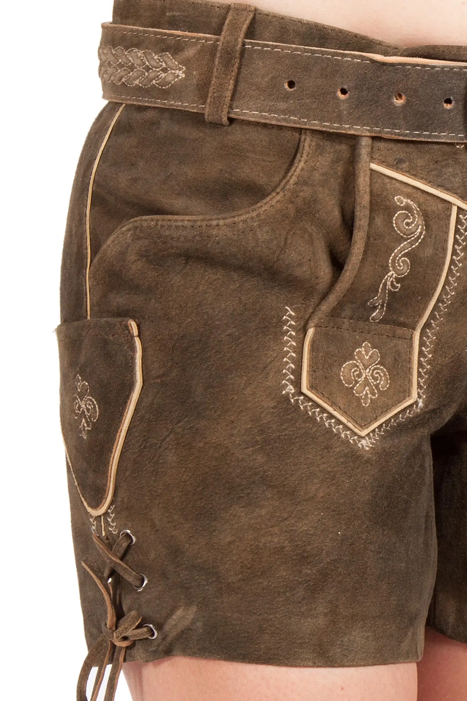Lederhose kurz Gerda für Damen in braun mit Gürtel Detail