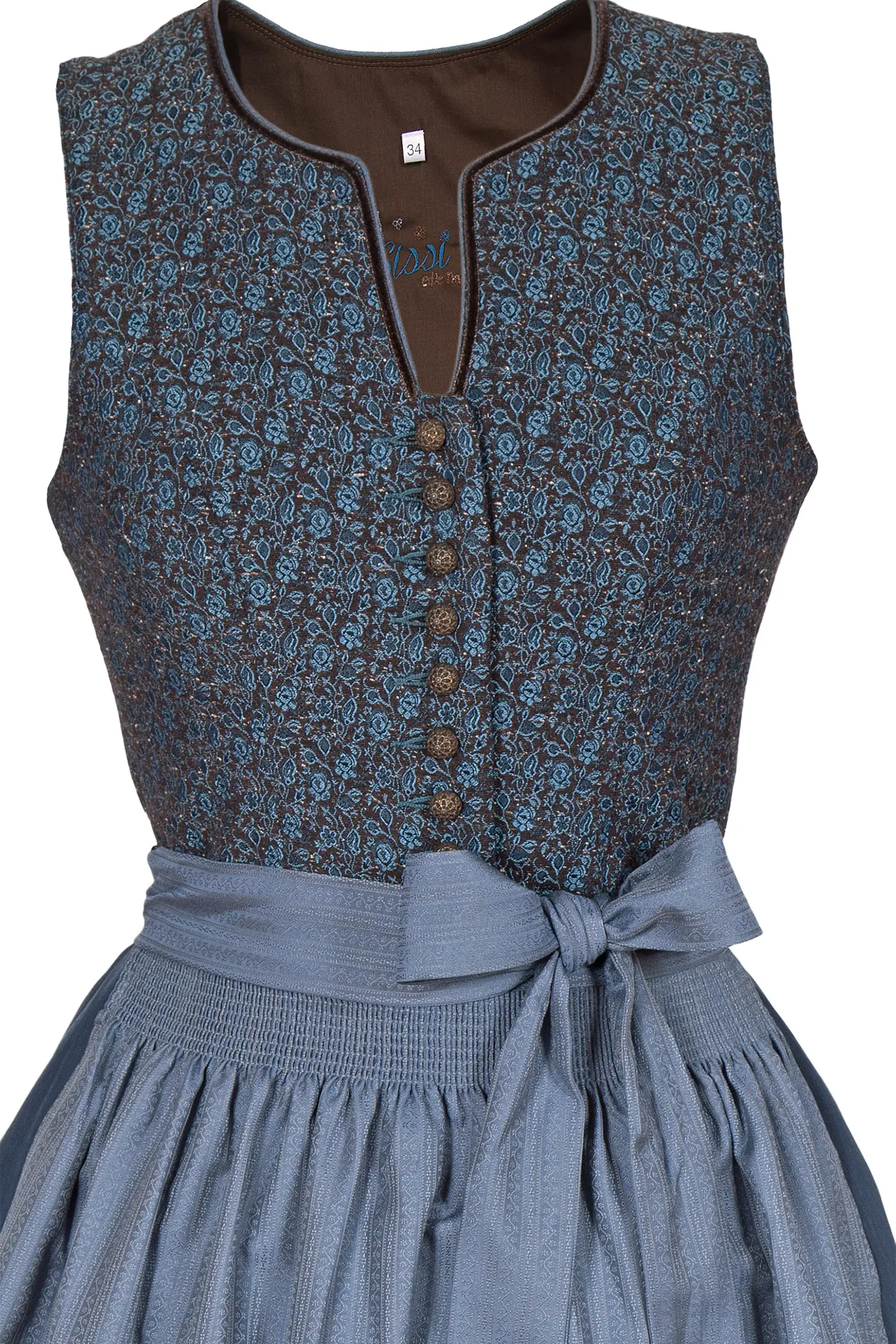 Midi Dirndl hochgeschlossen in graublau mit Rundhals Mieder
