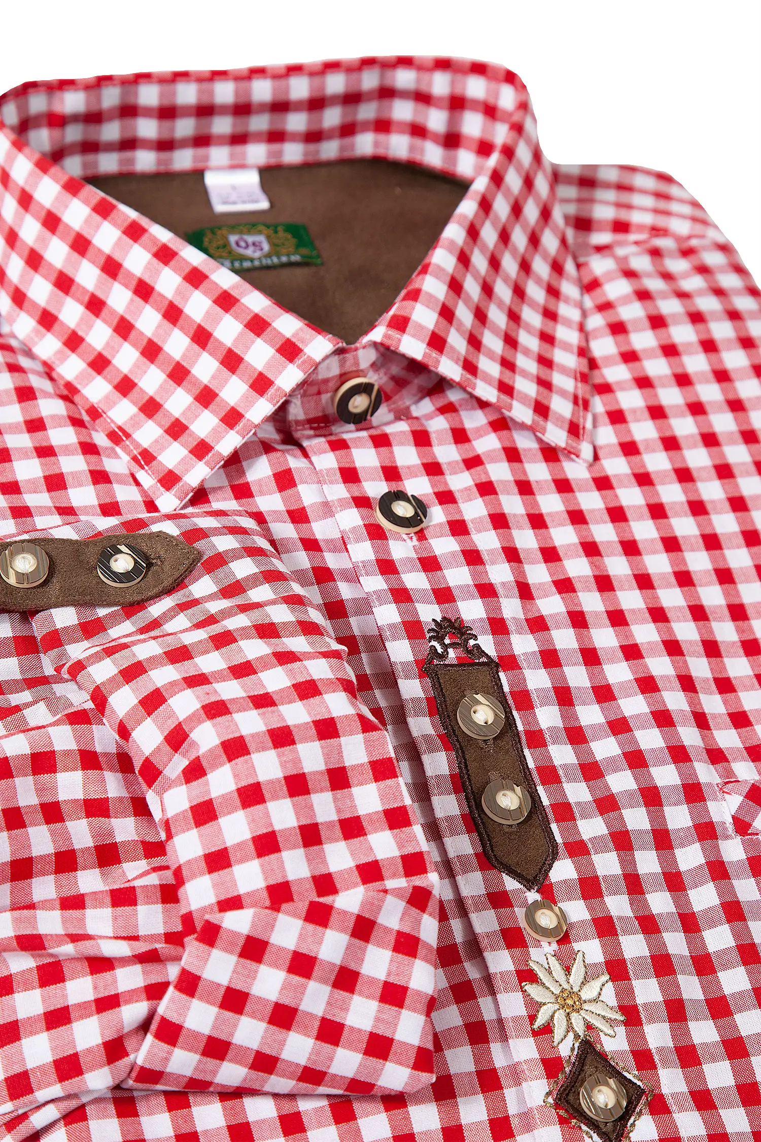 1526-1031-RT6-23-04a-5511b Trachtenhemd mittelrot kariert von OS Trachten mit Edelweiß-Applikation - Detail Kragen