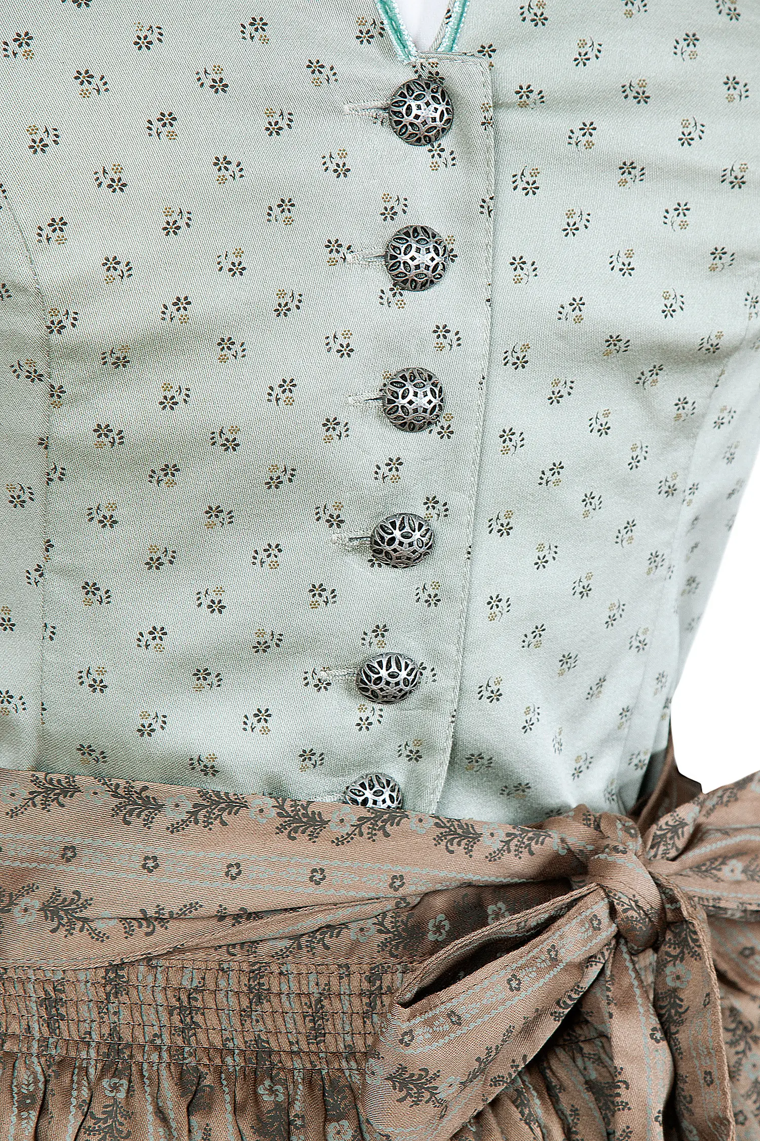 Dirndl hochgeschlossen in zartem hellgrün - Detail Mieder