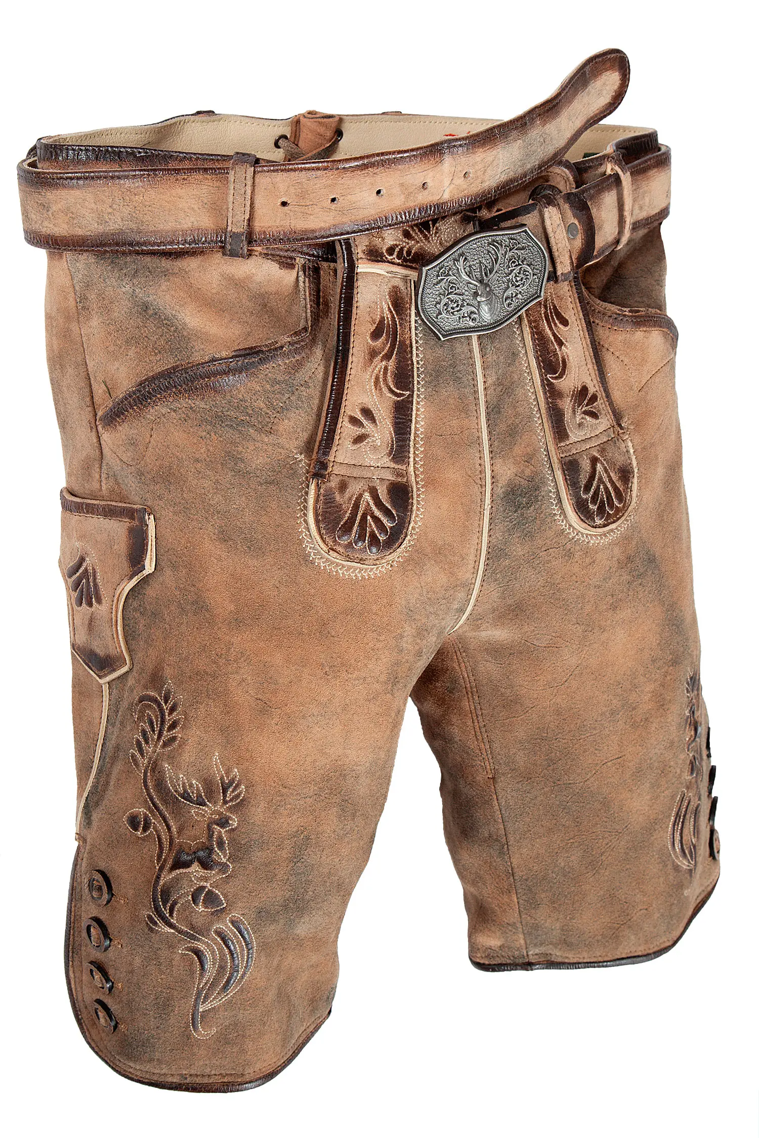1601-1021-2na-22-12a-3214 Kurze Lederhose in khaki natur