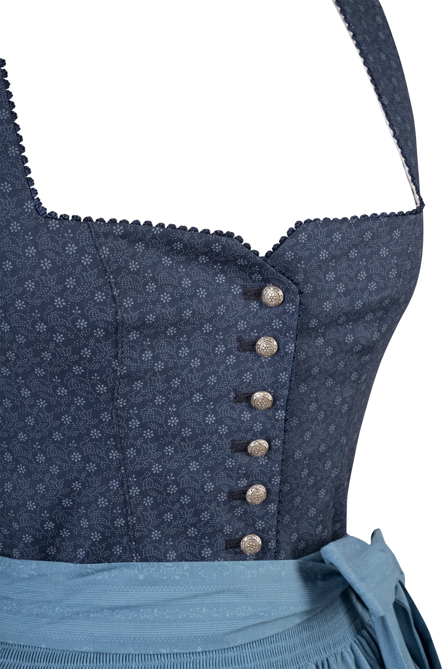 Stilechtes Dirndl Verena in dunkelblau / hellblau - Detail Mieder