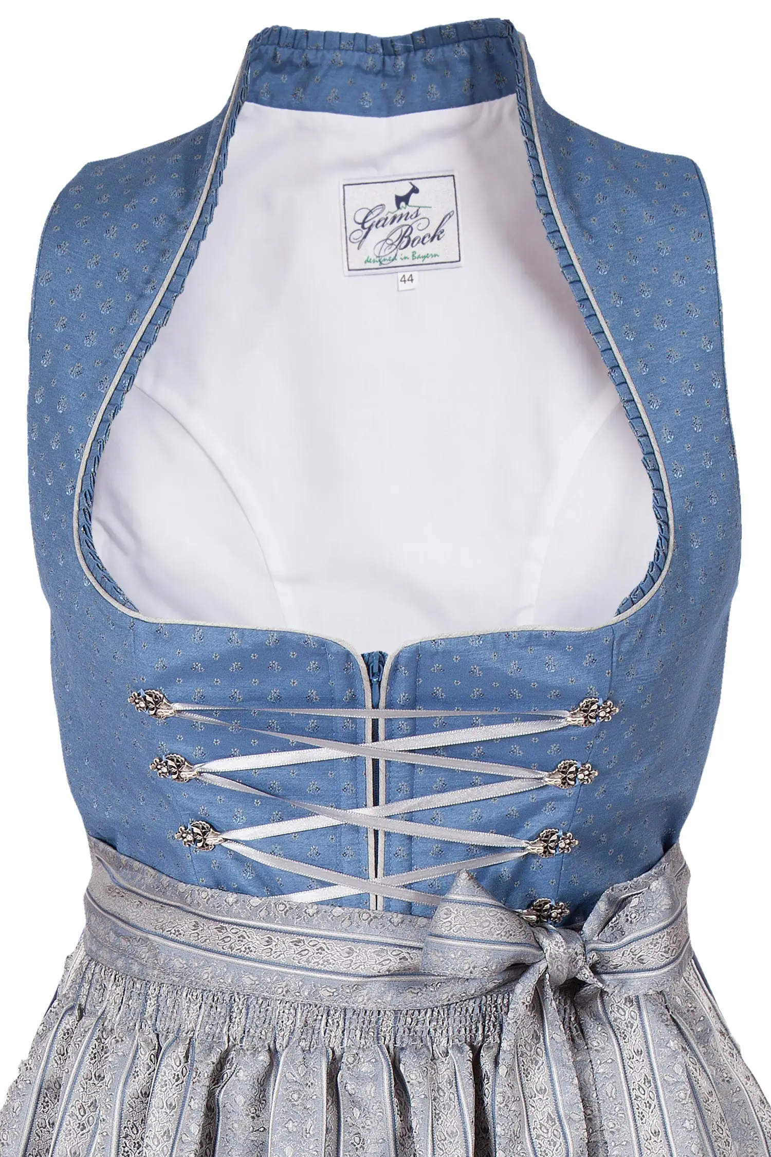 Langes Dirndl Tessa in blau und silber XXL Mieder