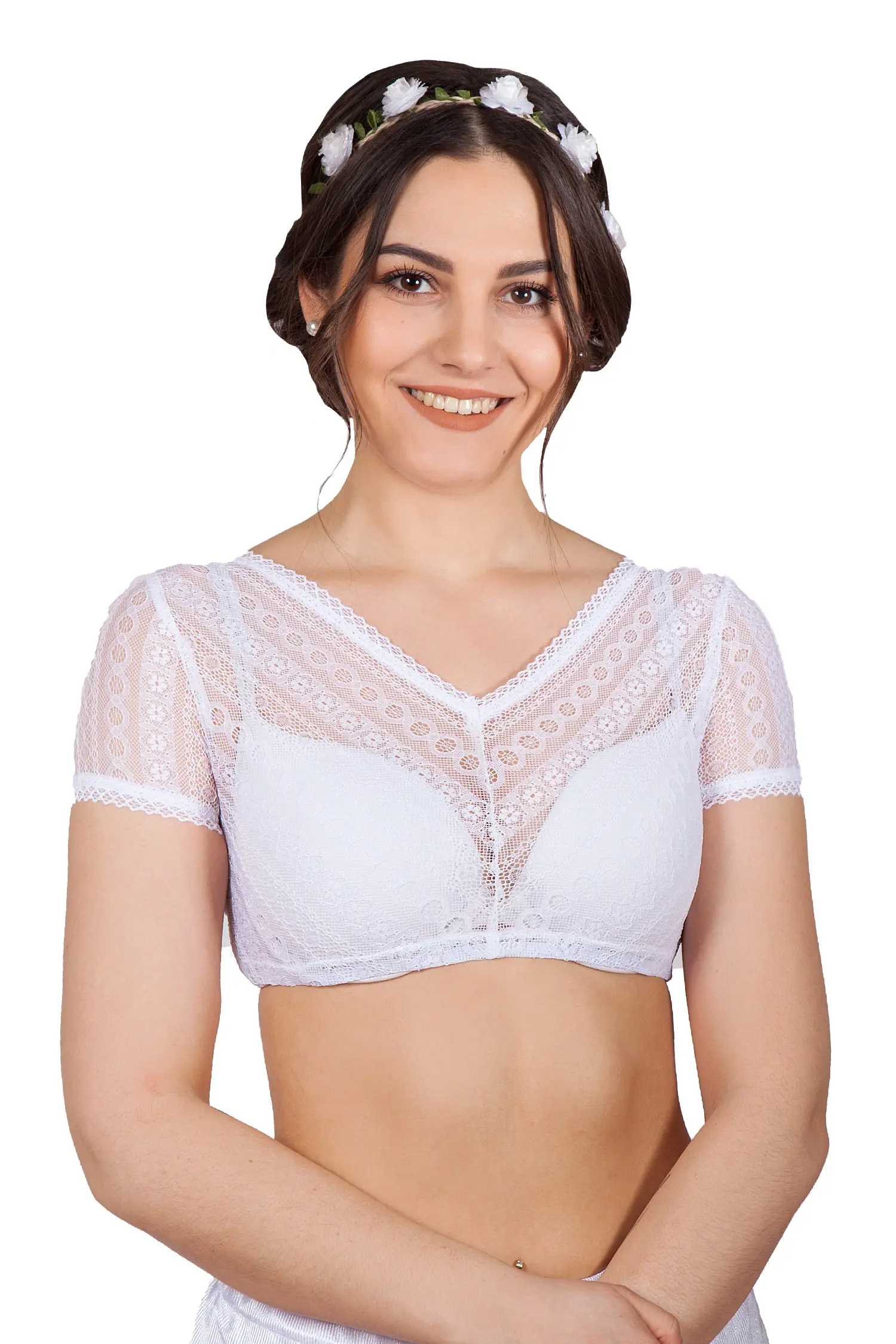 Dirndlbluse in weiß mit V-Ausschnitt