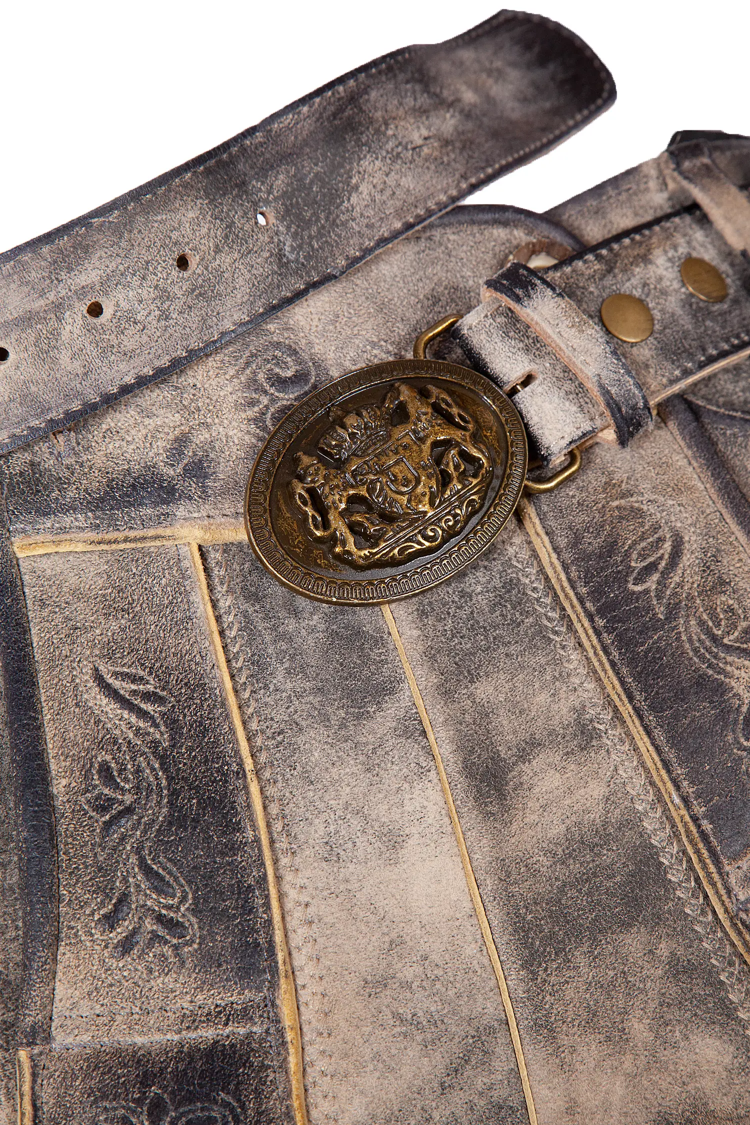 Kurze Lederhose Ammersee in graubraun Detail Gürtel