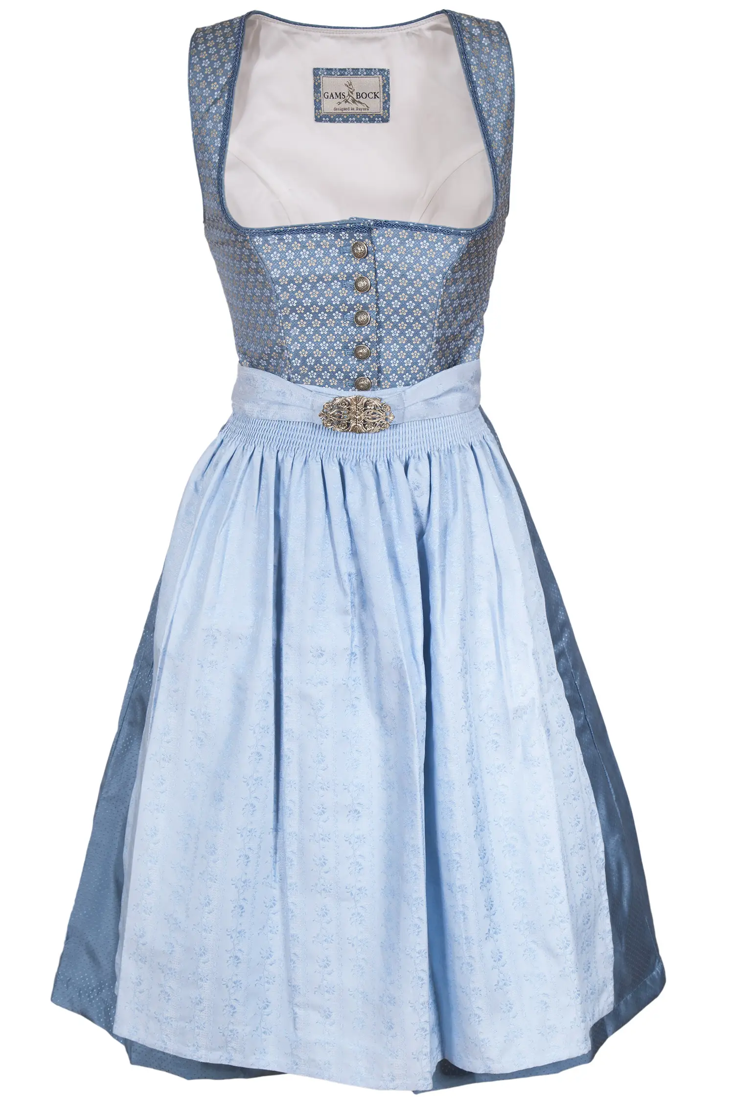 Midi Dirndl in hellblau mit Knöpfen und Blüten