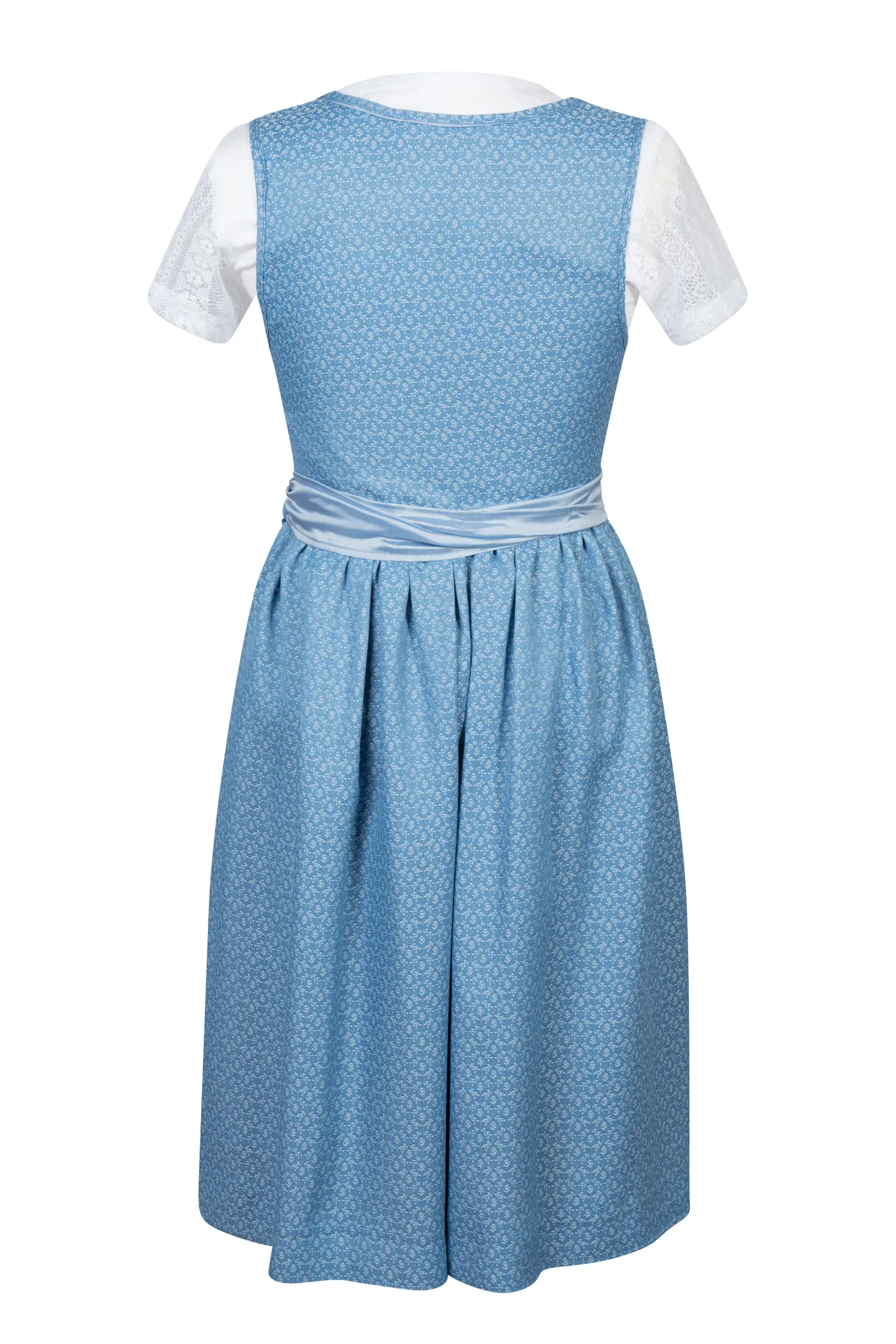 Kinderdirndl Anna in hellblau mit Shirt und Spitzenschürze - Rückansicht
