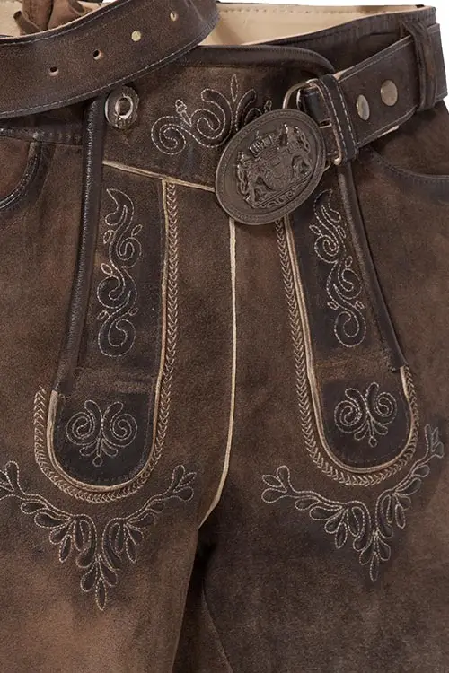 Lederhose kurz Herbert in mittelbraun mit Gürtel Latz