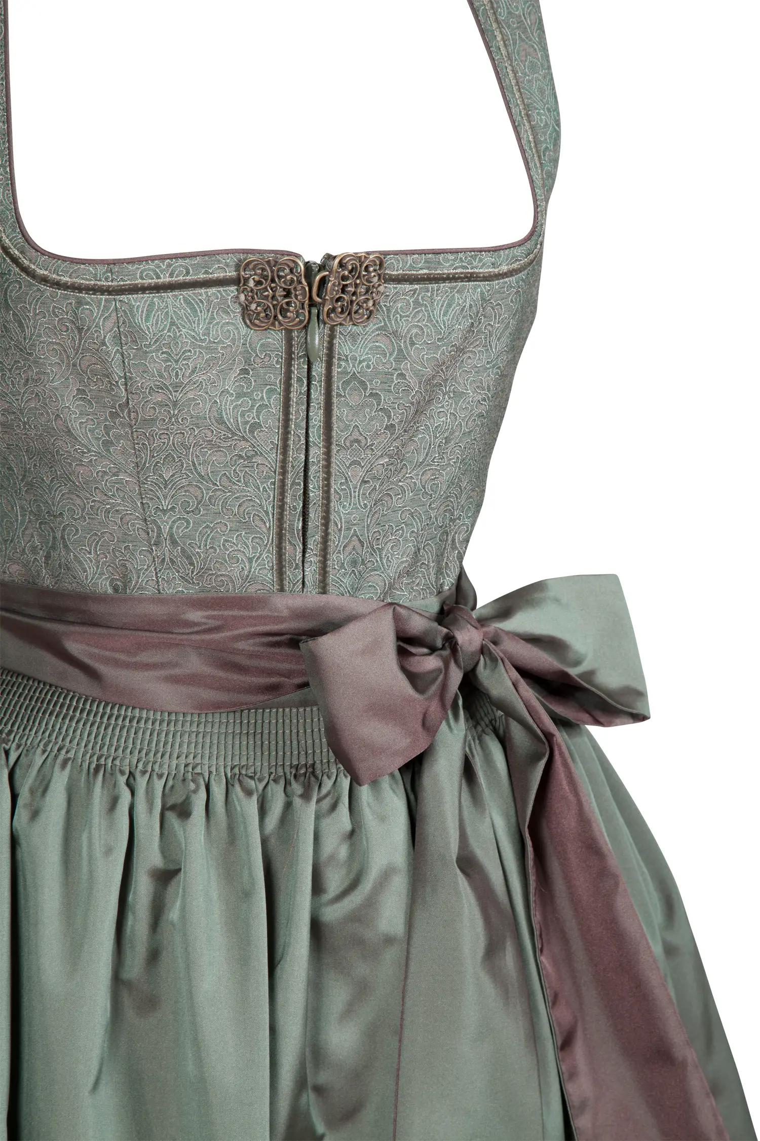 Extravagantes Schimmer-Dirndl in oliv - Detail Mieder