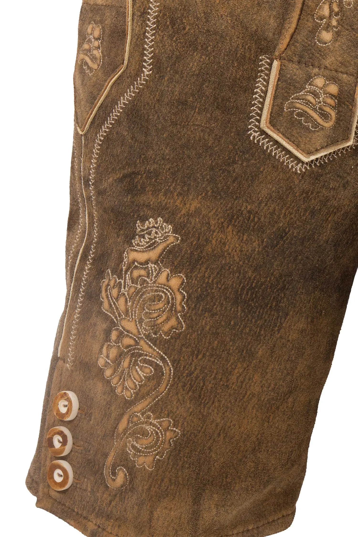 Kurze Lederhose Silberberg in hopfen Detail Bein