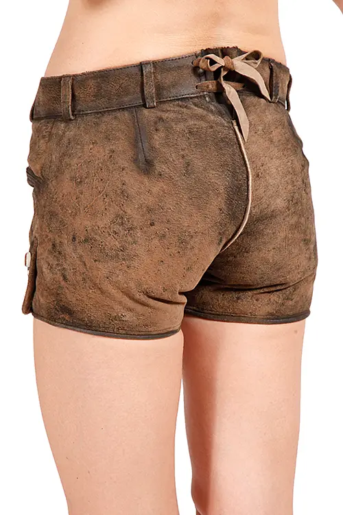 Kurze Lederhose Rosy für Damen in stein geäscht und bestickt hinten