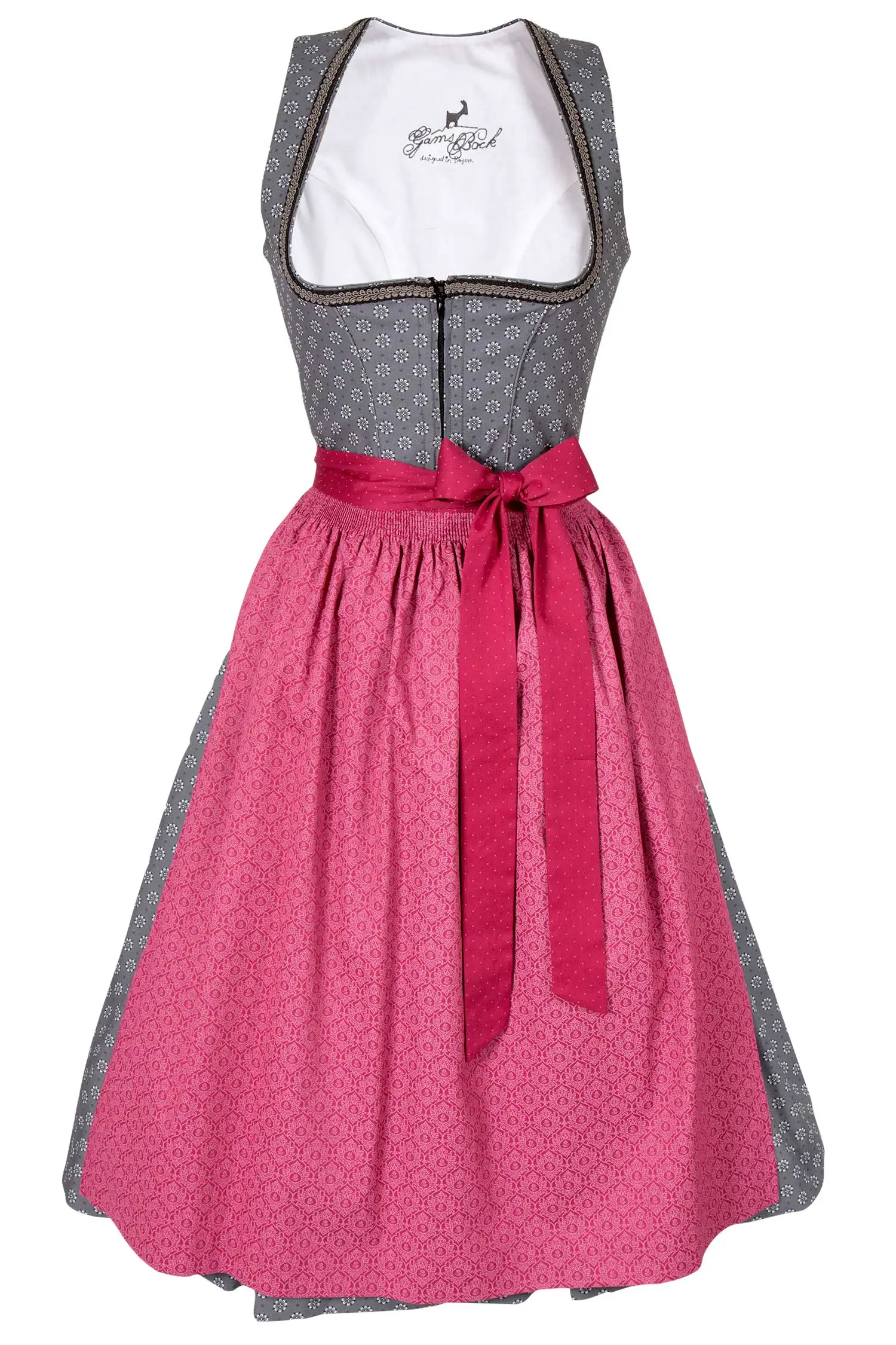 Midi Dirndl Wilma in grau mit Blumen und beere