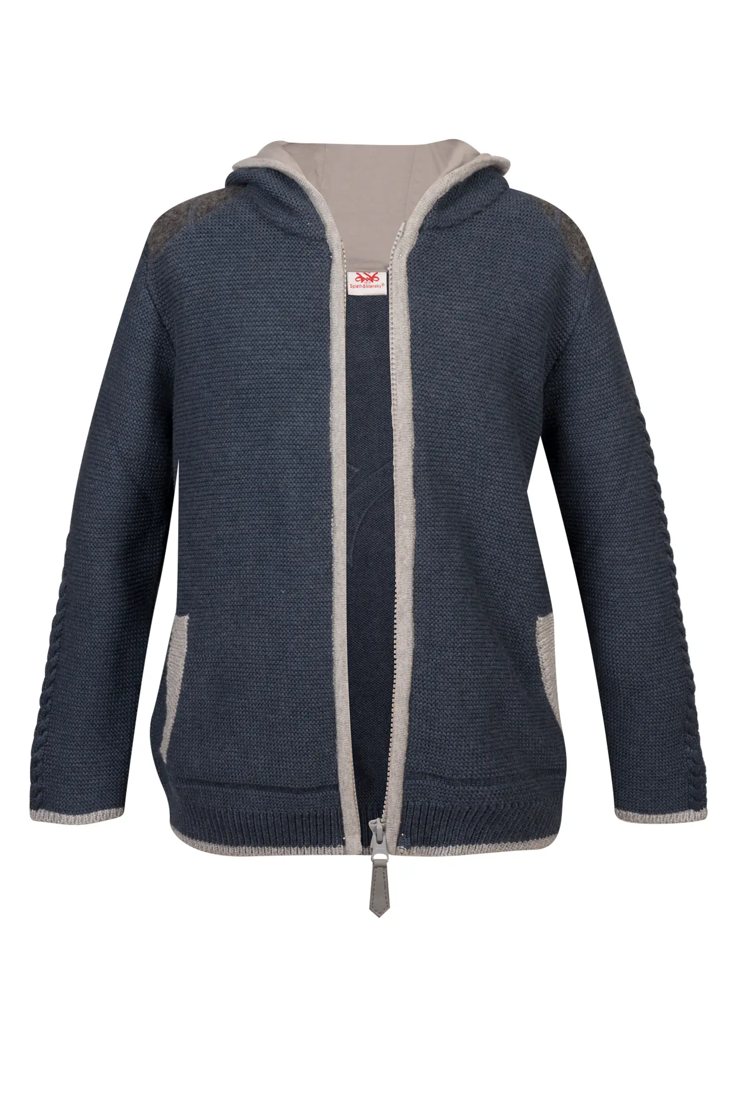 Kinder Trachtenstrickjacke blau / grau mit Kapuze