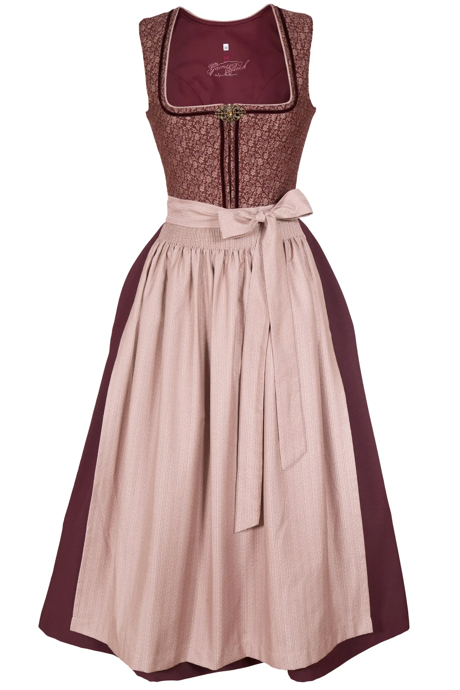Langes Dirndl in bordeaux und altrosa auch in XXL