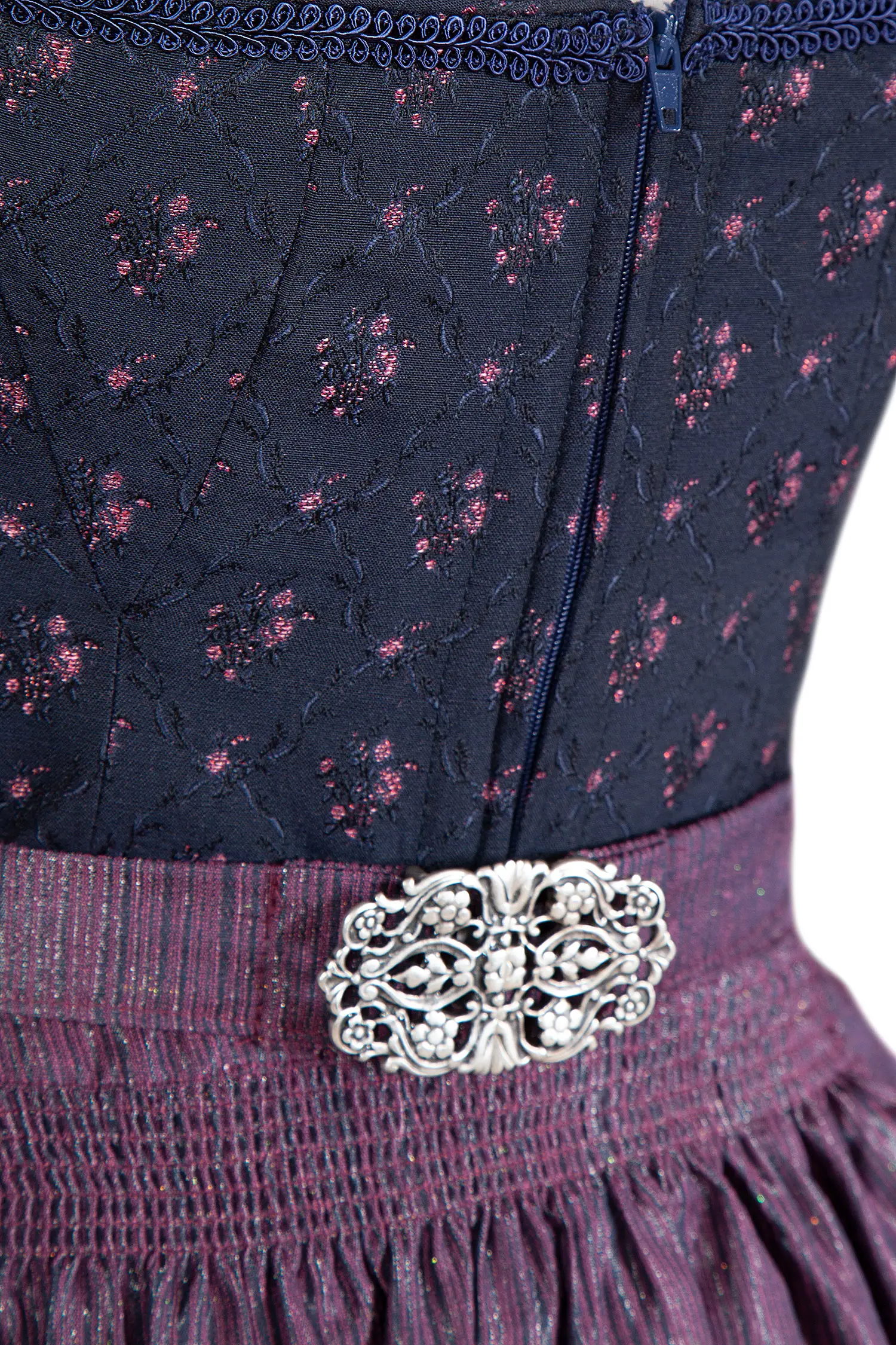 Dirndl in marine mit Blumenmuster - Detail Mieder