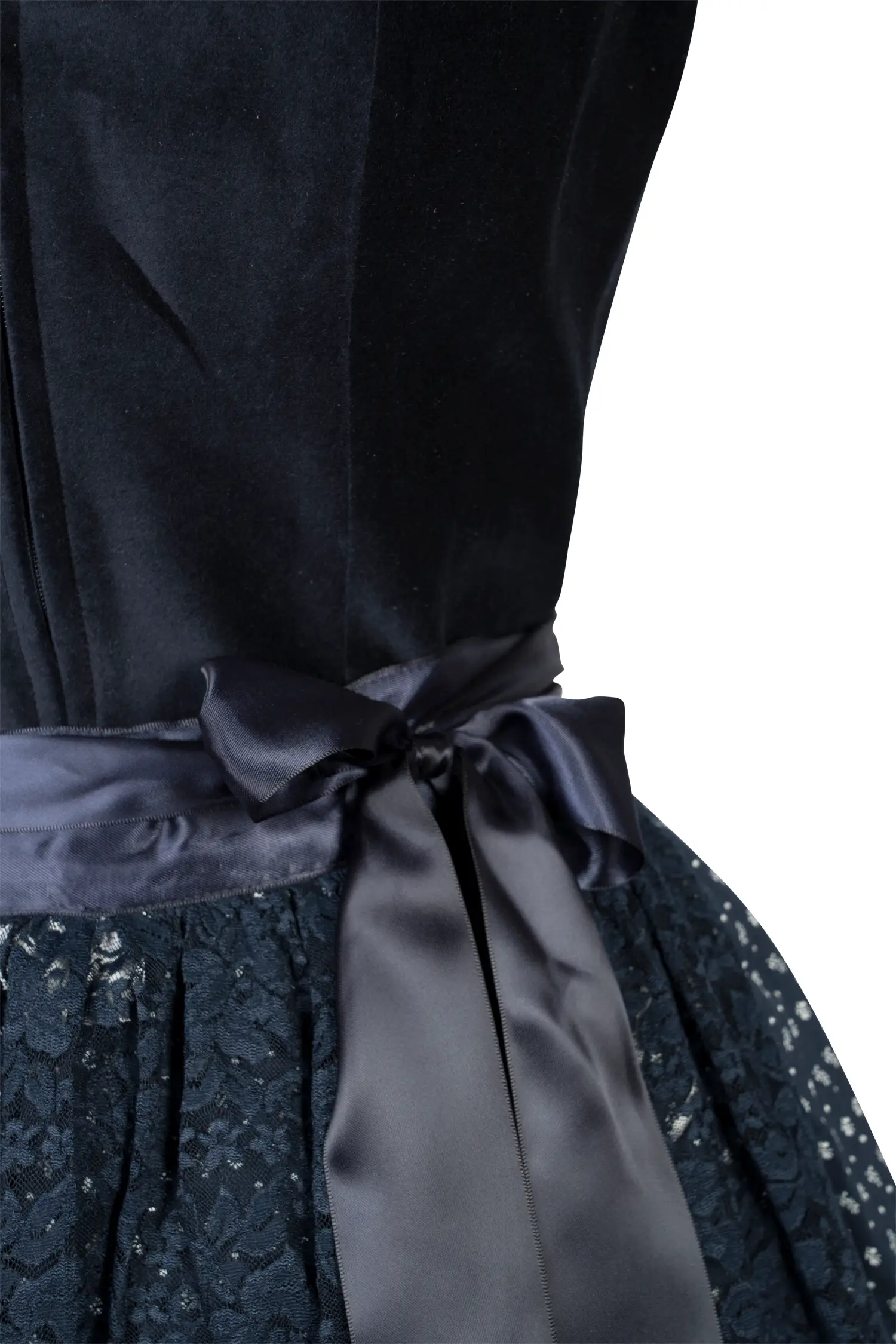 Samtdirndl in dunkelblau mit Netzschürze - Detail Mieder