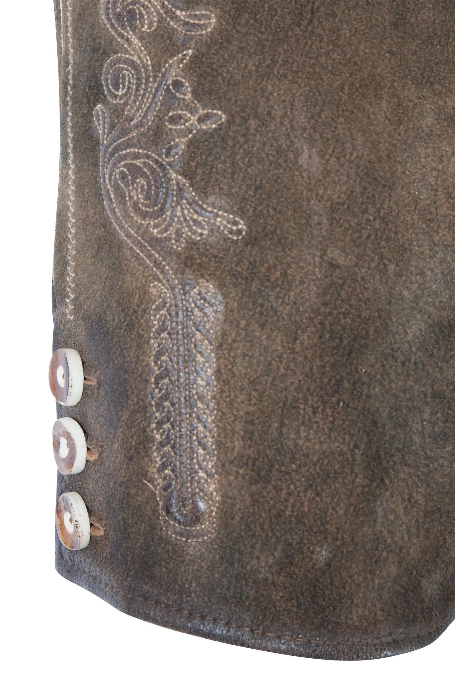 Lederhose Loisach in dunkelbraun mit Gürtel - Detail Bein