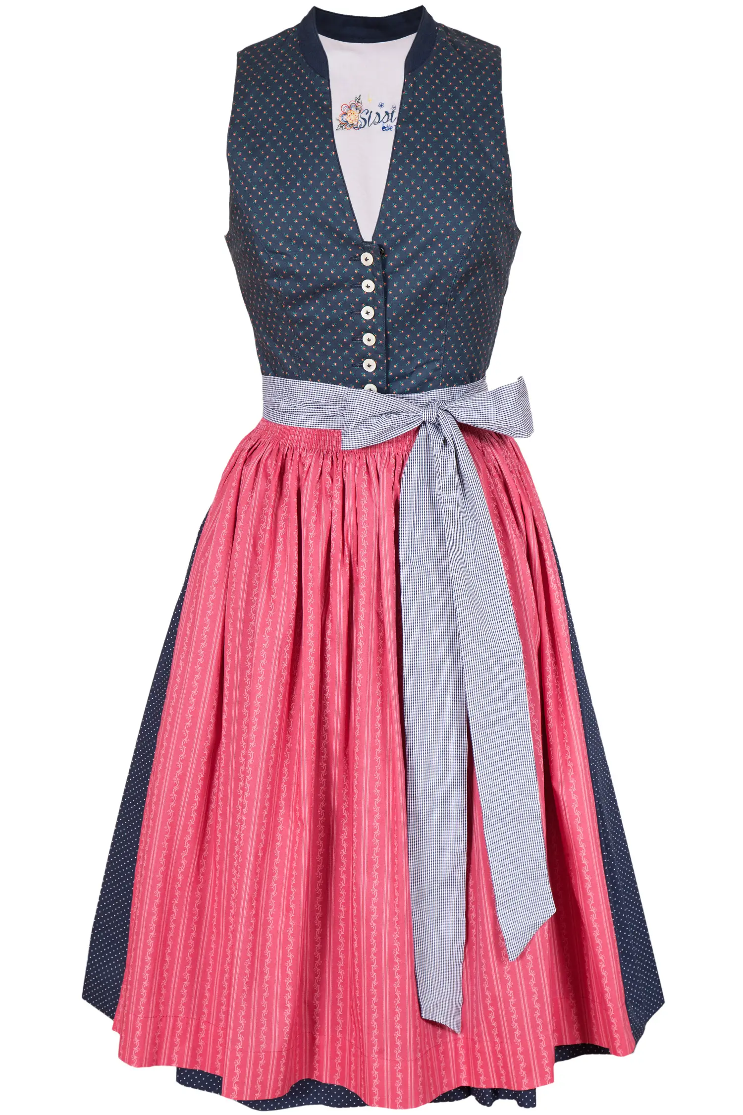 Midi Dirndl in blau mit beerenfarbiger Schürze 