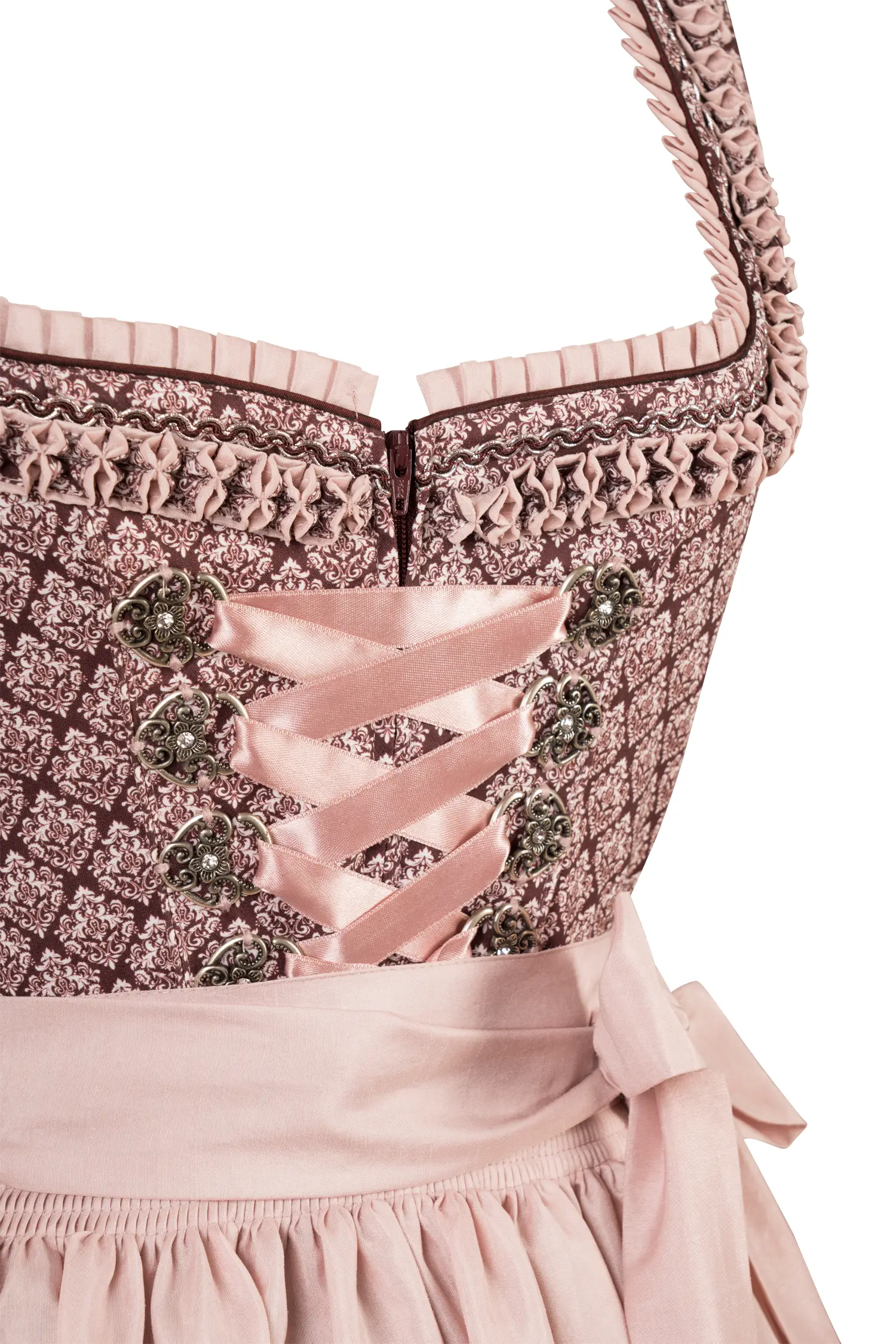 Dirndl in bordeaux mit rosa Schürze - Detail Mieder