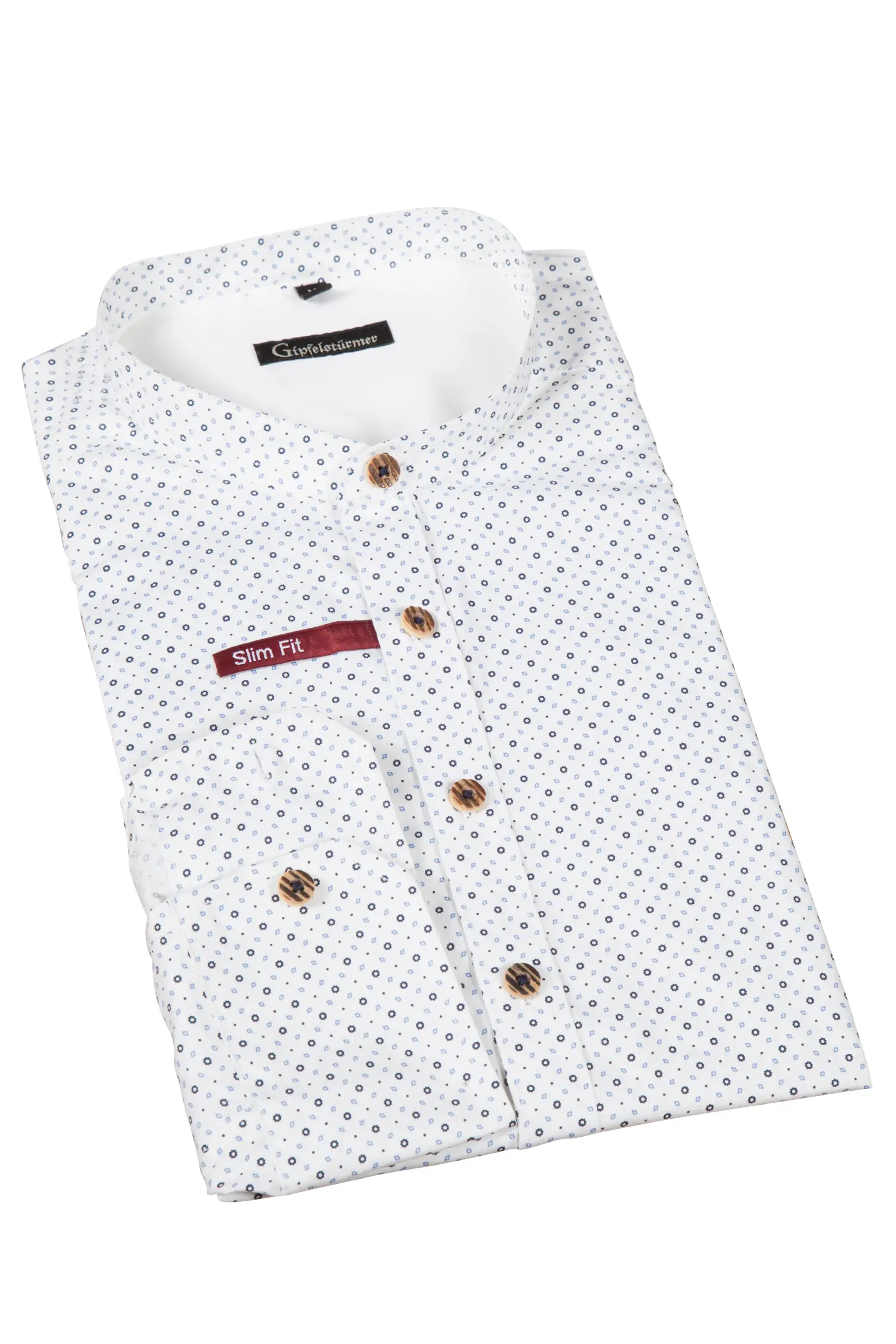 1509-0025-bl5-23-07b-1255 Trachtenhemd in weiß mit Muster in dunkelblau / hellblau