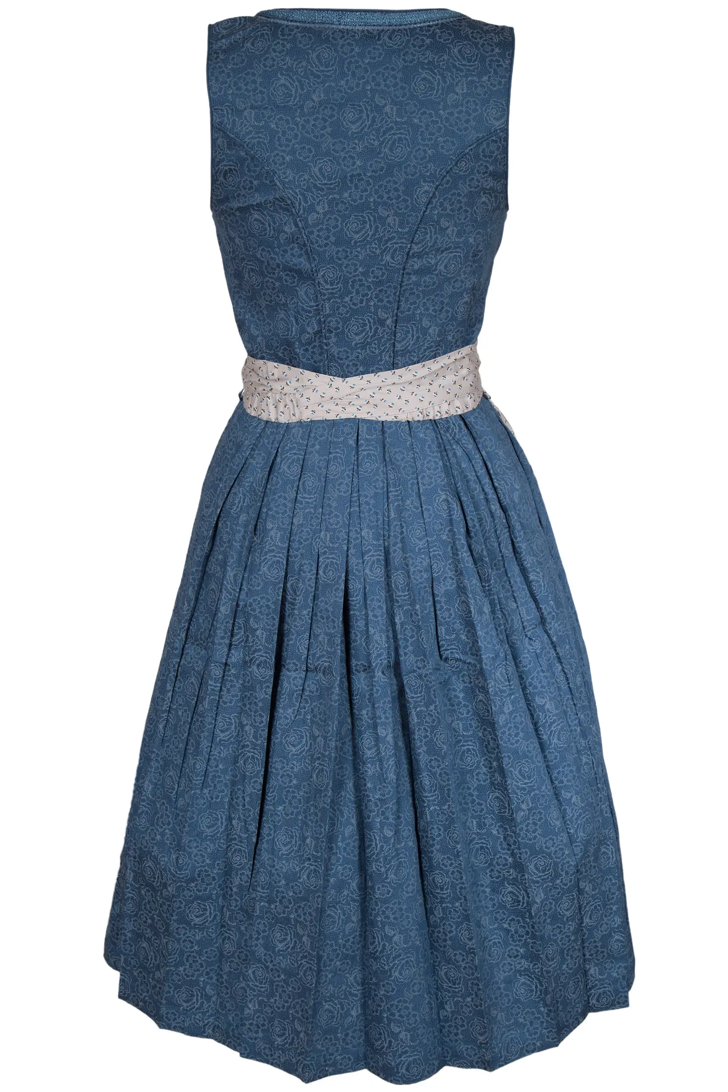 Midi Dirndl in dunkelblau mit grauer Schürze hinten