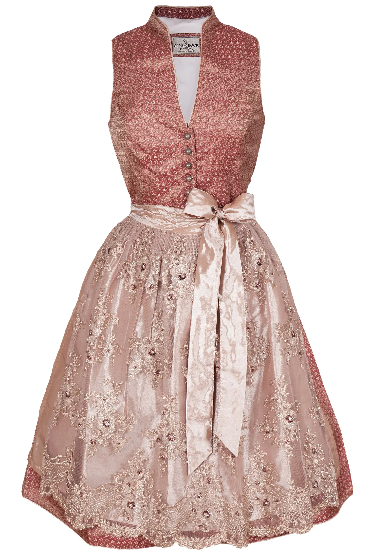 Midi Dirndl in rosenholz mit Spitzenschürze