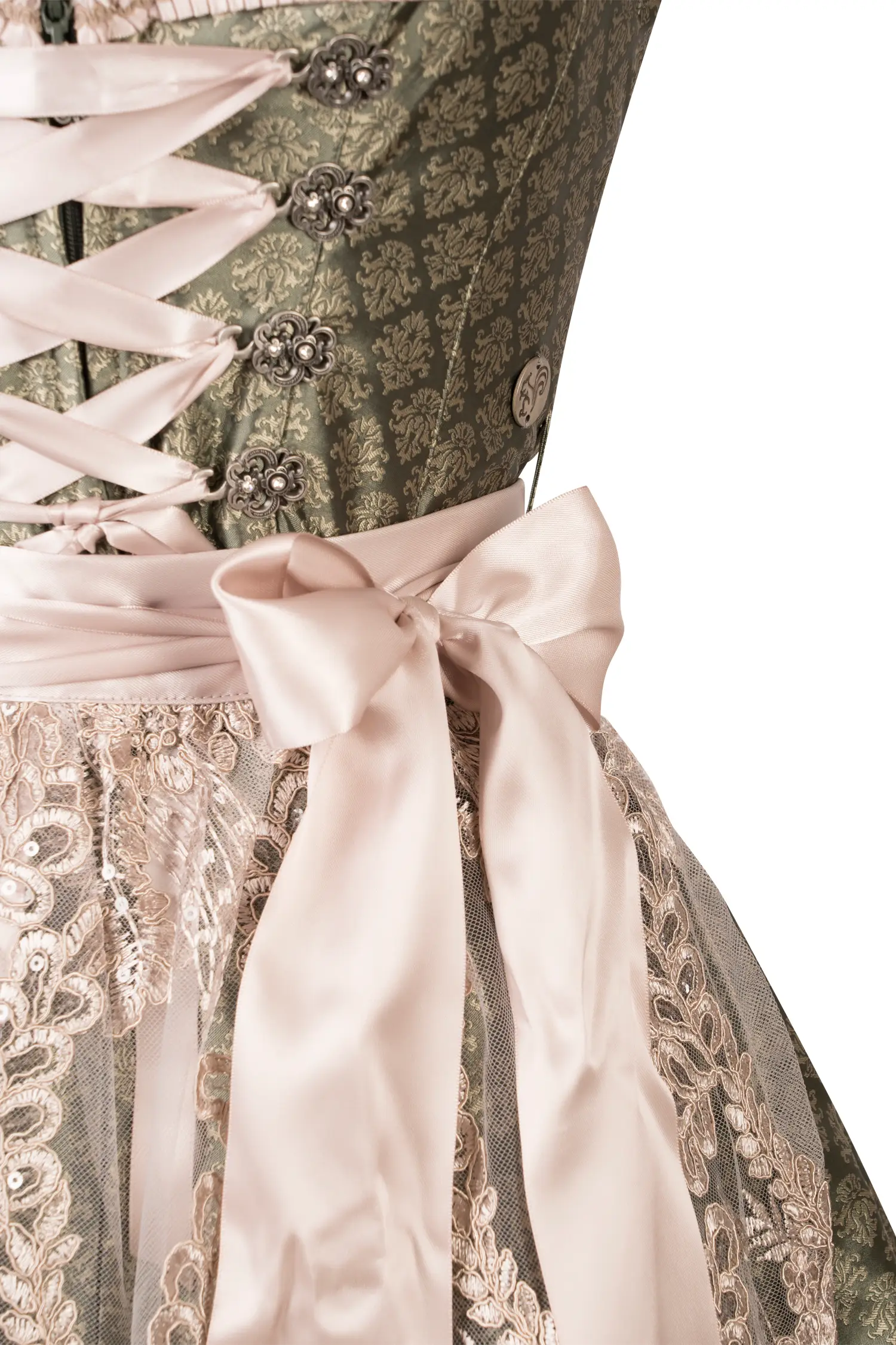 Festliches Dirndl in Grün mit Glitzerschürze Detail Mieder
