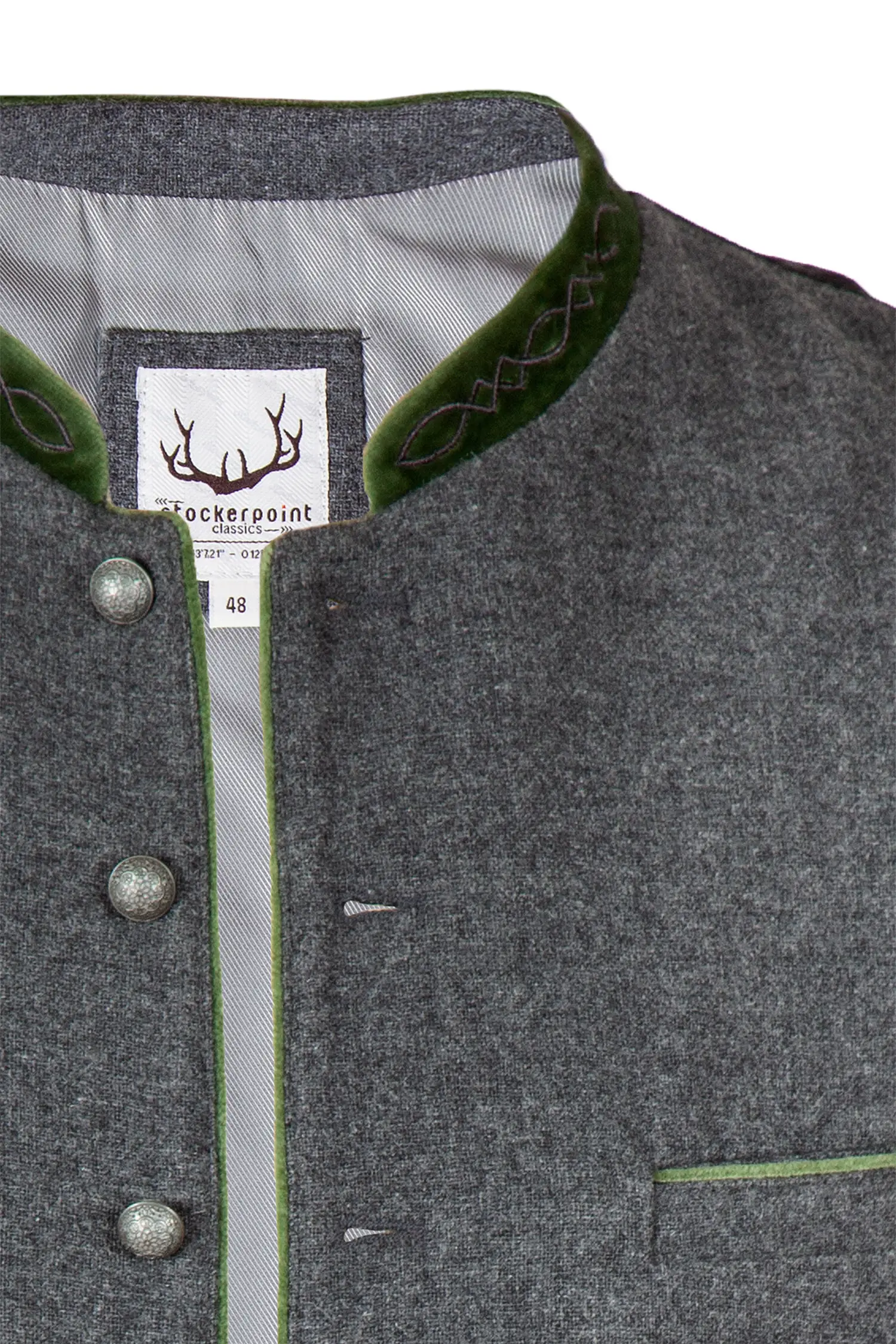 Trachtenweste Fabricio aus Loden in anthrazit und grünem Detail Ausschnitt