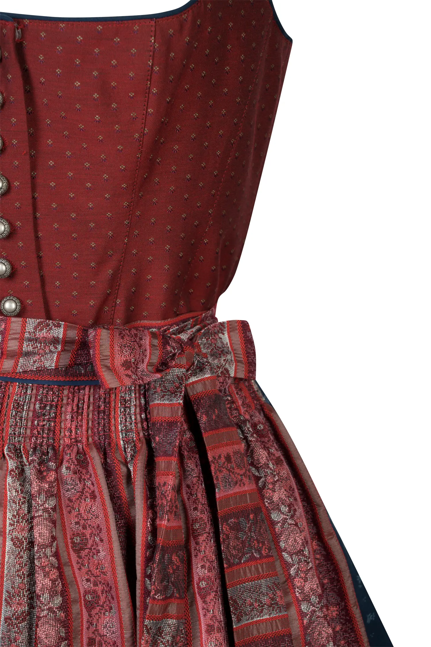 3098-0374-rt5-24-02-0604250 Gamsbock Dirndl in rot mit blauem Rock - Detail Mieder