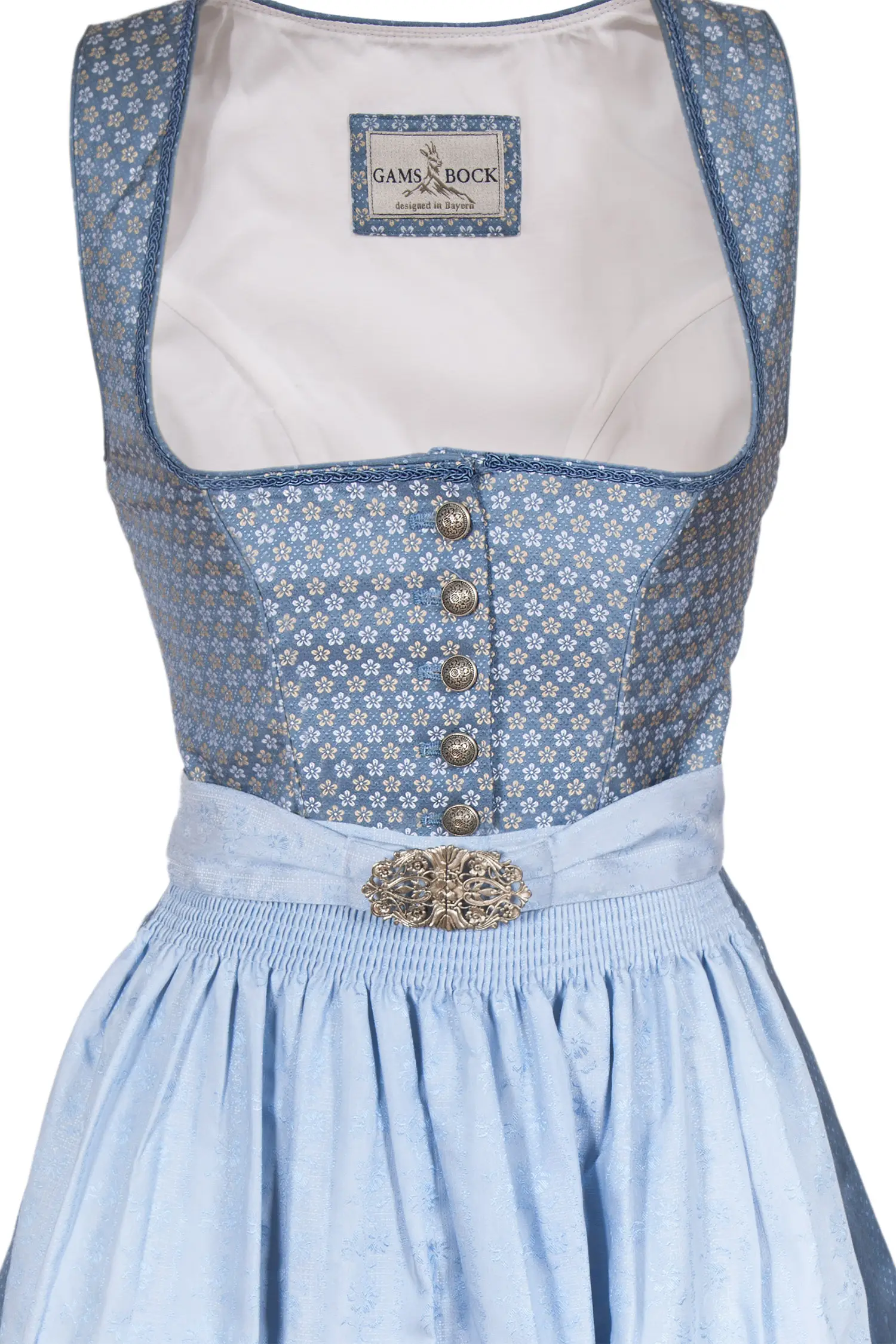 Midi Dirndl in hellblau mit Knöpfen und Blüten Mieder