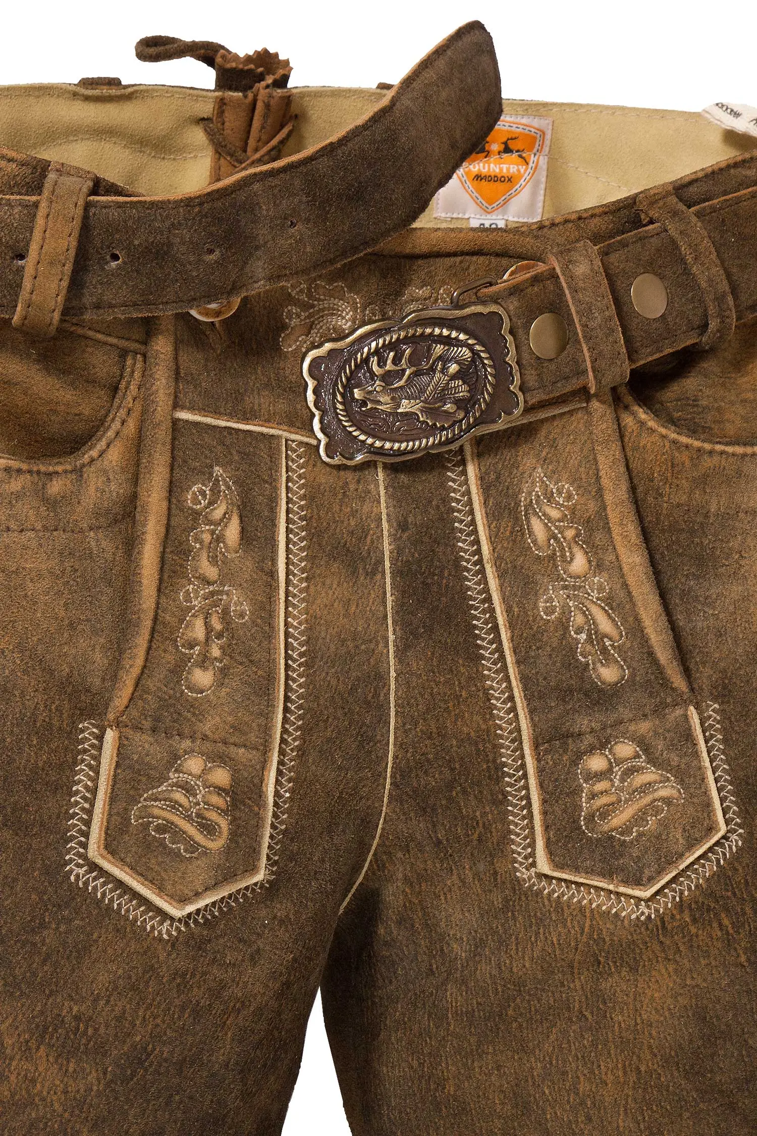 Kurze Lederhose Silberberg in hopfen Detail Schließe