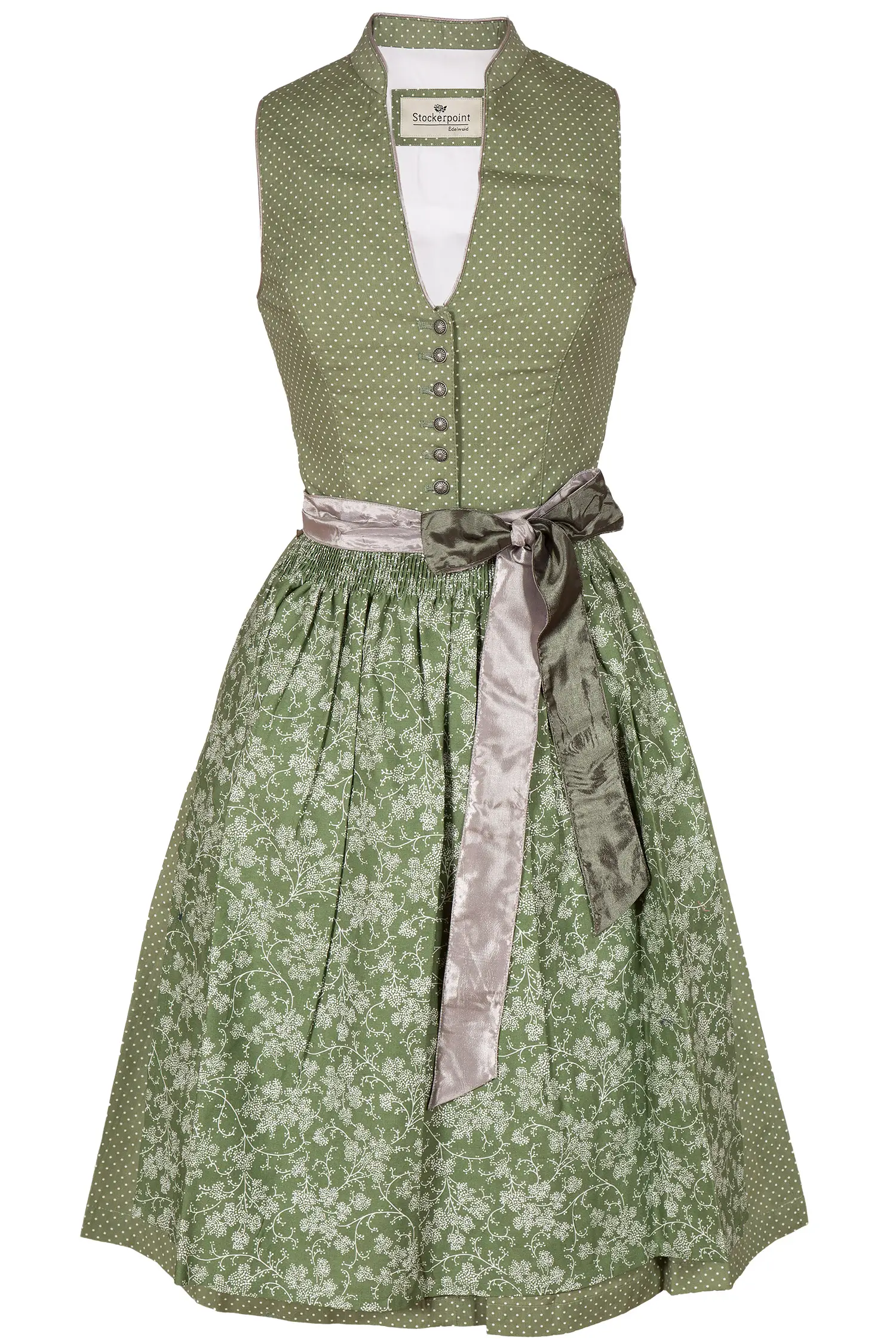 Midi Dirndl in blassgrün weiß gepunktet hochgeschlossen 