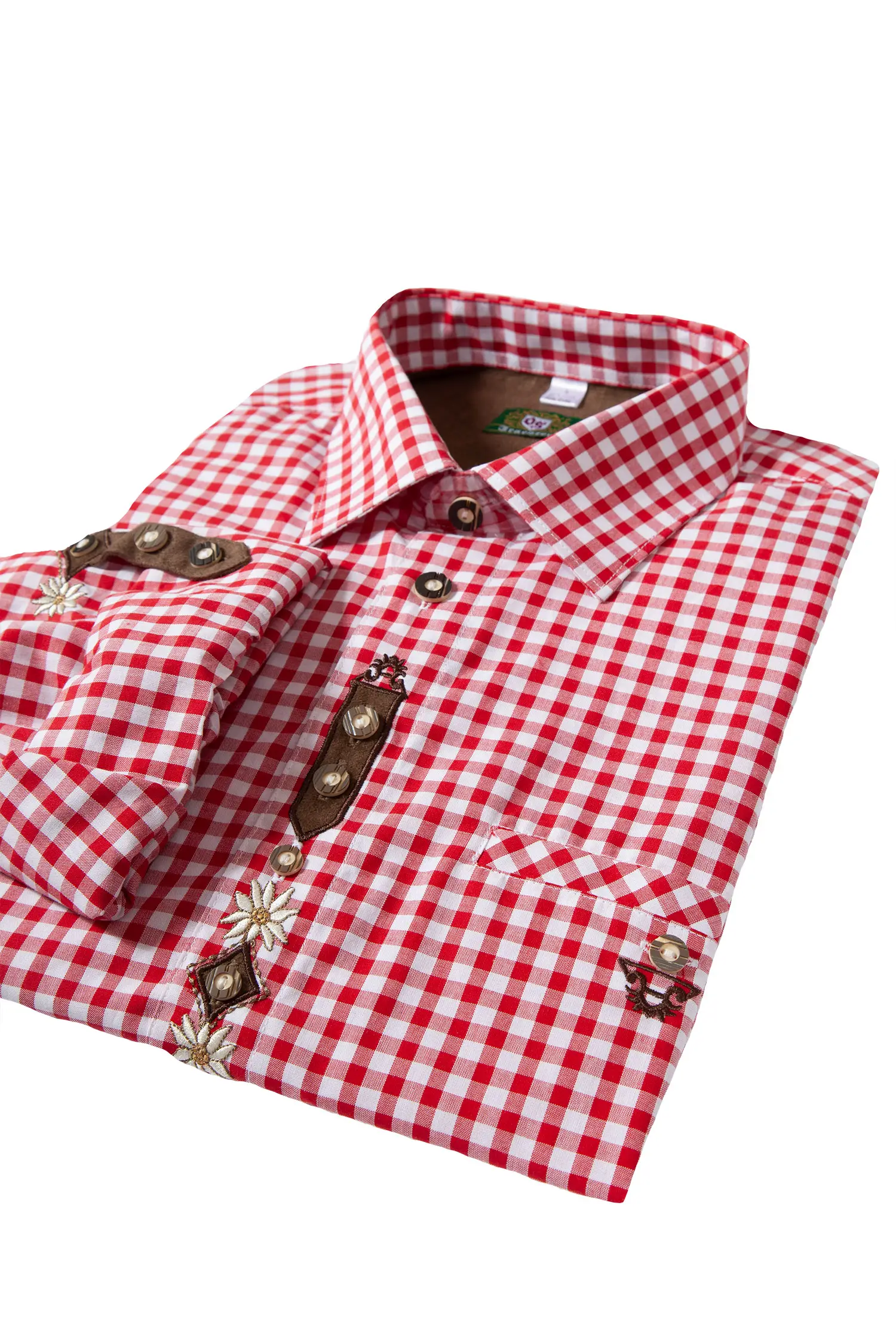 1526-1031-RT6-23-04a-5512c Trachtenhemd mittelrot kariert von OS Trachten mit Edelweiß-Applikation - Detail Ärmel