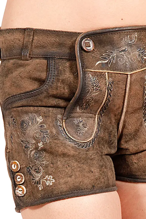 Kurze Lederhose Rosy für Damen in stein geäscht und bestickt Detail