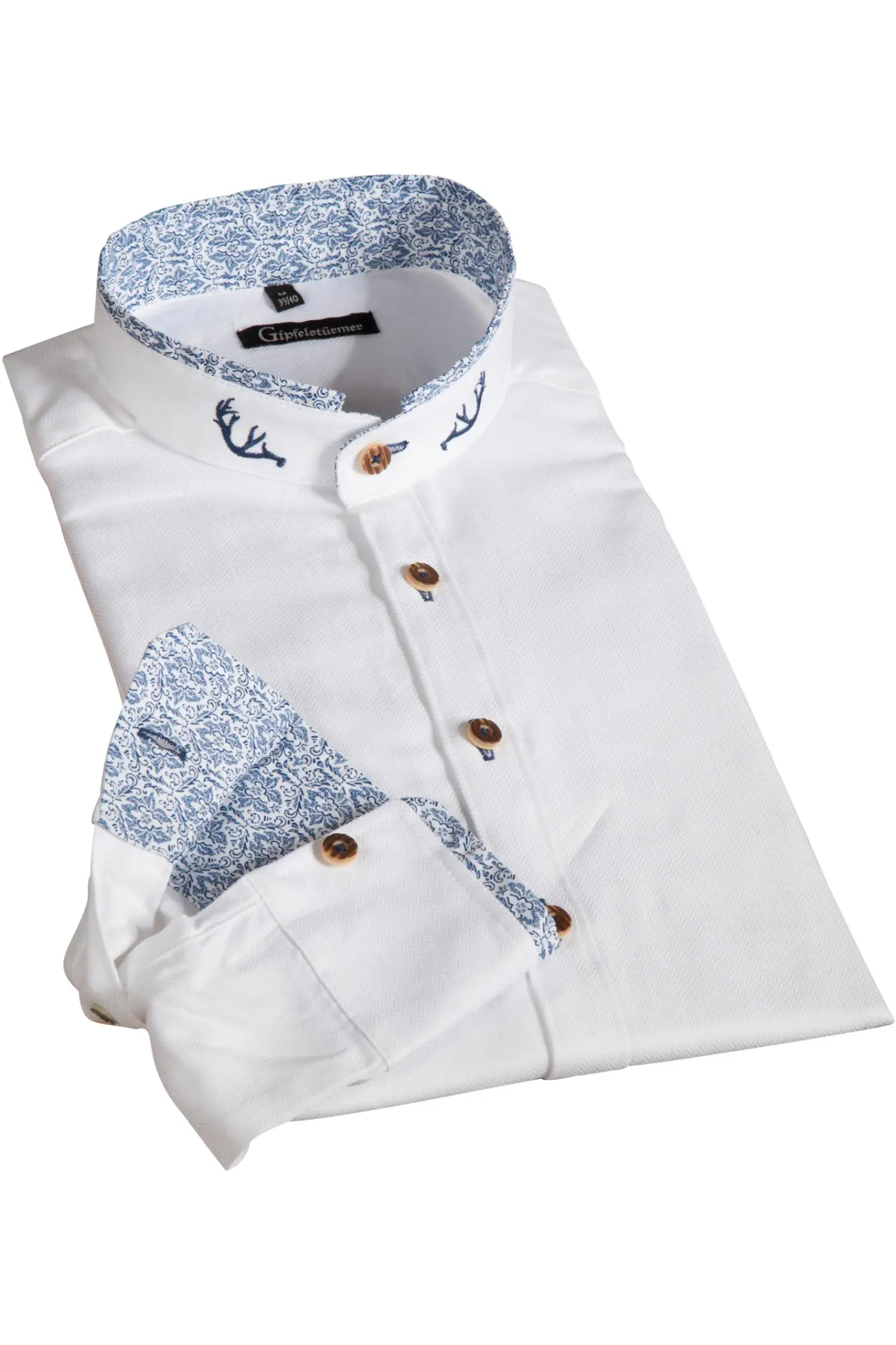 Trachtenhemd von Gipfelstürmer in Weiß mit Blauen Applikationen Stehkragenhemd von OS Trachten in Weiß mit Blauem Einsatz