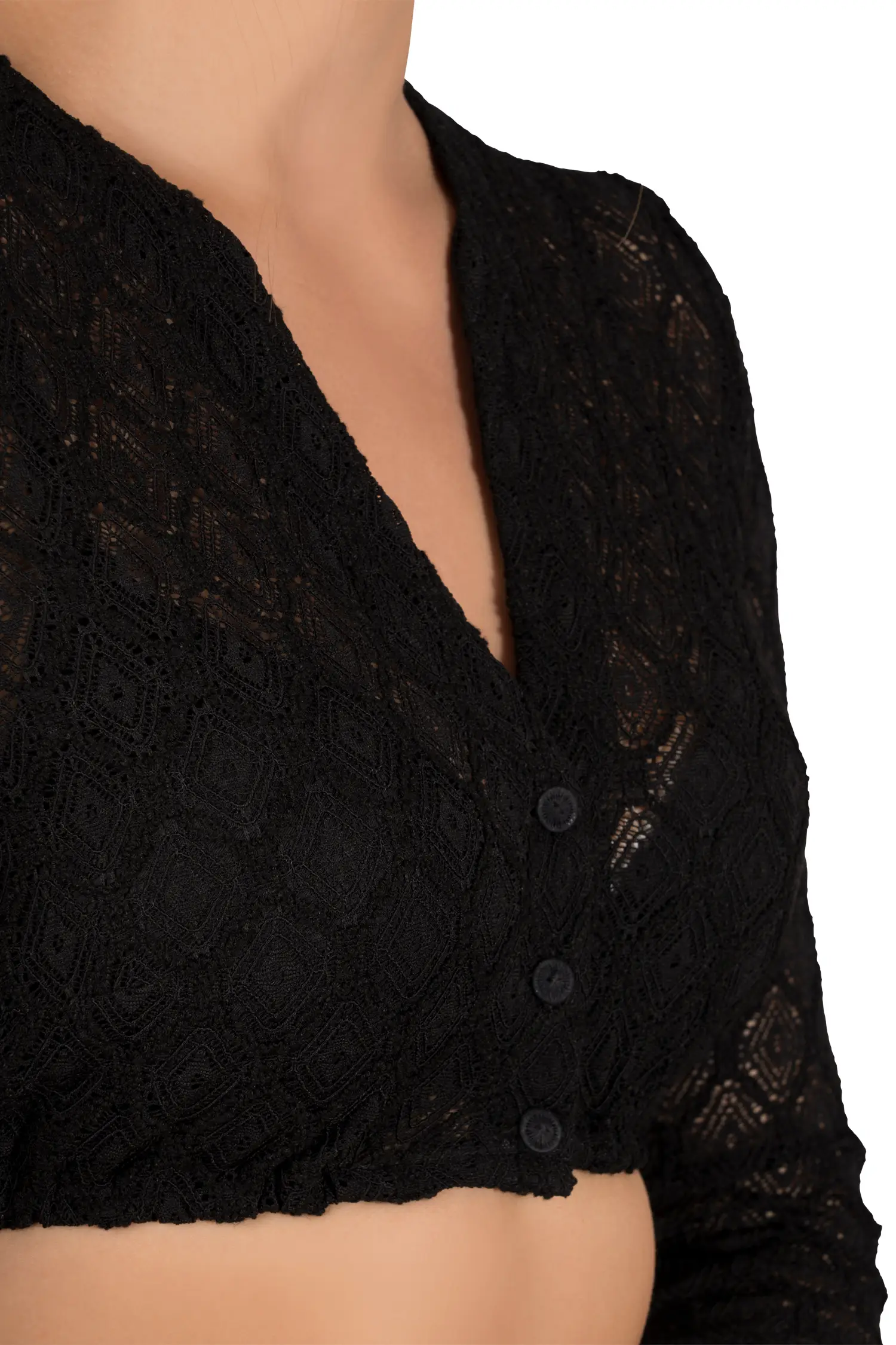 2574-0066-sw5-23-08-1802048 Stretch-Dirndlbluse in schwarz mit V-Ausschnitt - Detail Ausschnitt