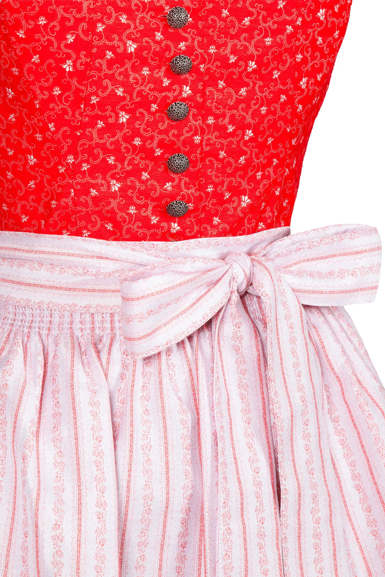 3097-1739-RT6-23-03c-4043 limitiertes Dirndl in rot mit traditioneller Schürze - Detail Mieder