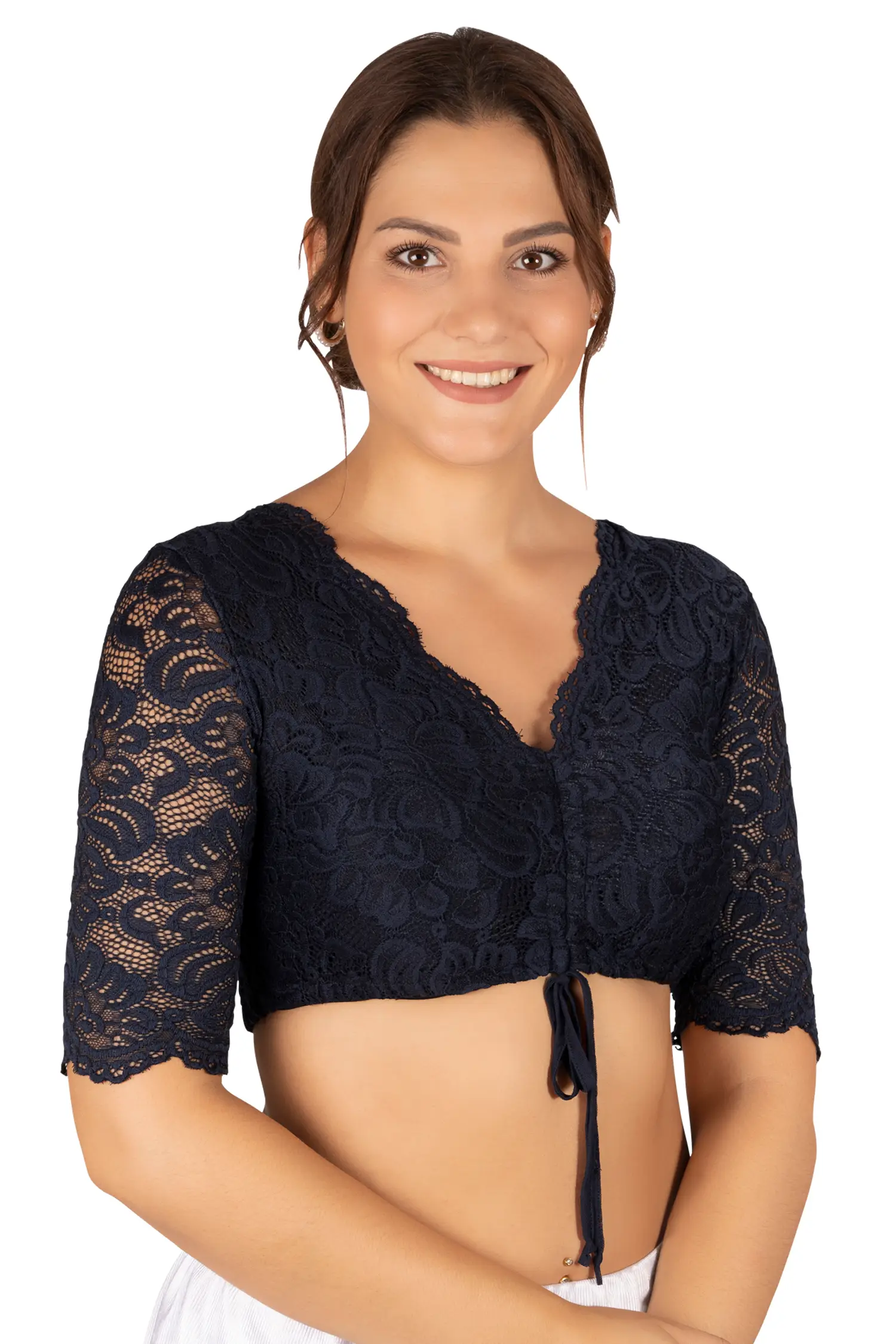 Dirndlbluse Ansbach dunkelblau mit halblangen Ärmeln