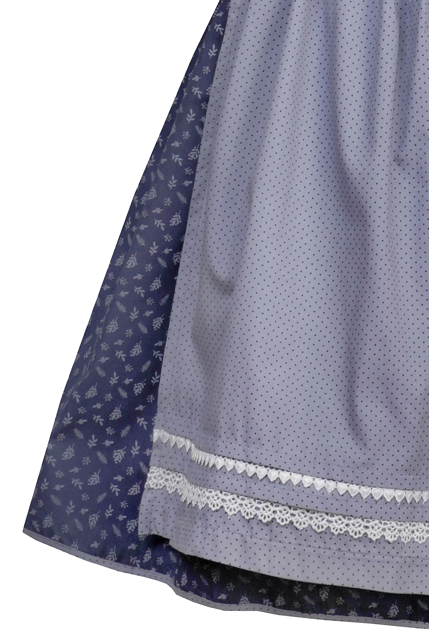 Dirndl Miriam in dunkelblau mit edler Schürze und Stehkragen - Detail Rock