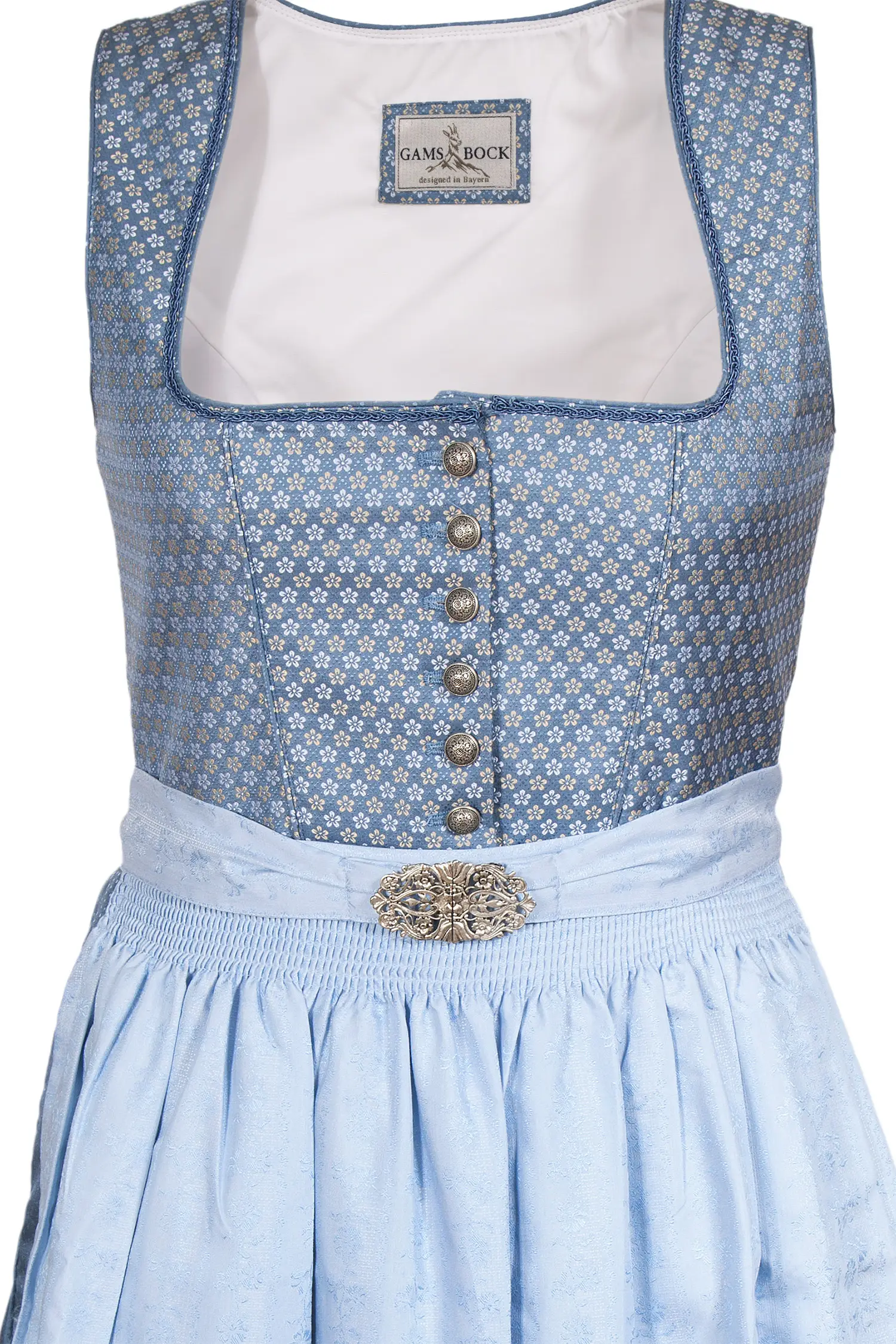 Midi Dirndl in hellblau mit Knöpfen und Blüten XXL Mieder