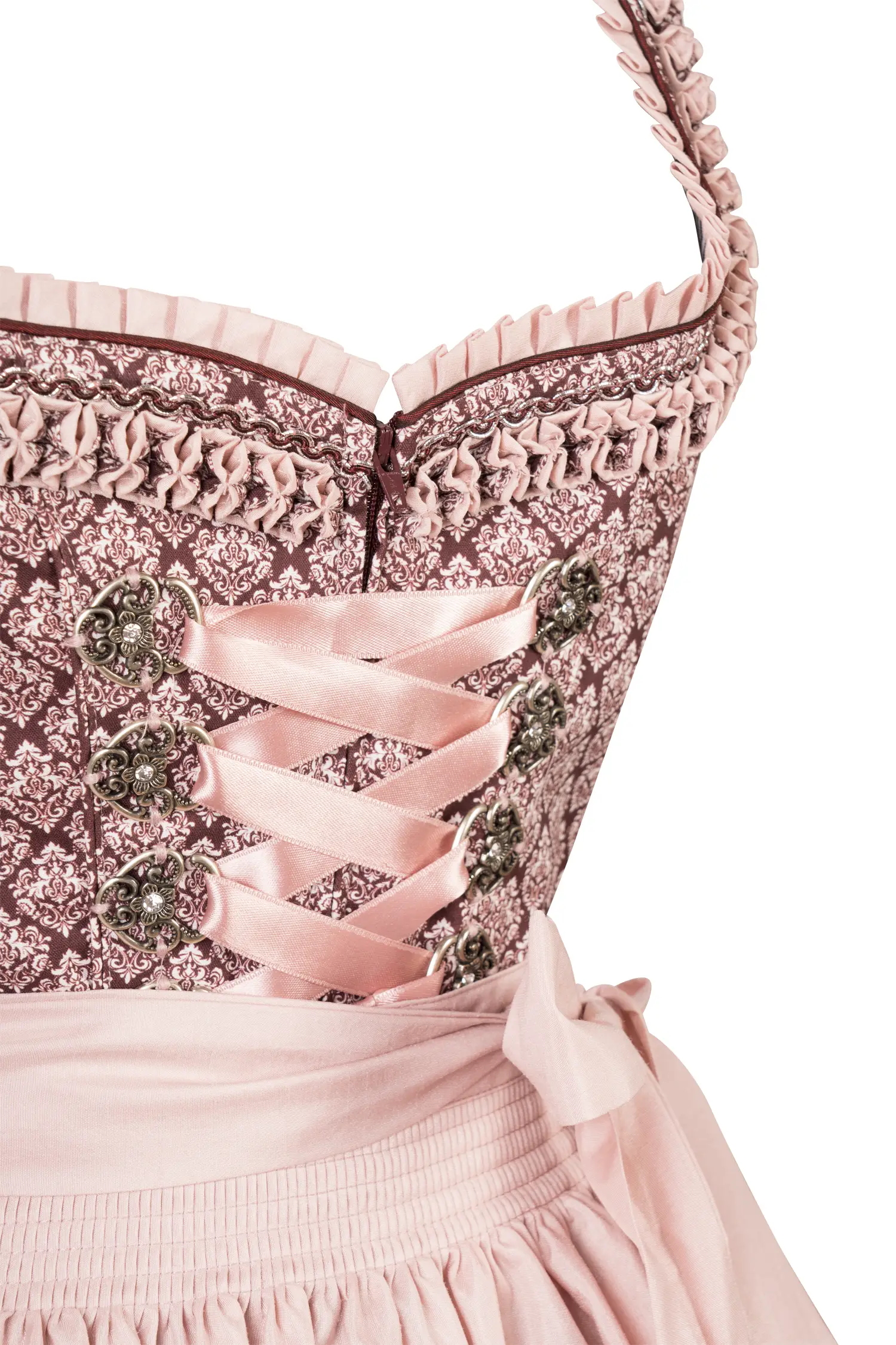 Gamsbock Dirndl in bordeaux / rosa - Detail Mieder